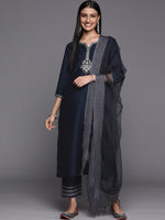 Thumbnail for Varanga Blue Embroidered Kurta With Contrast Bottom And Dupatta - Distacart