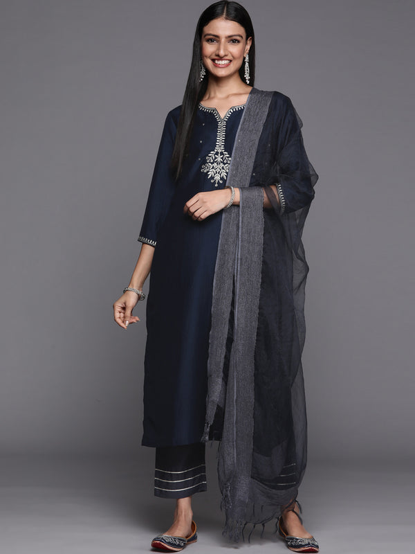 Varanga Blue Embroidered Kurta With Contrast Bottom And Dupatta - Distacart