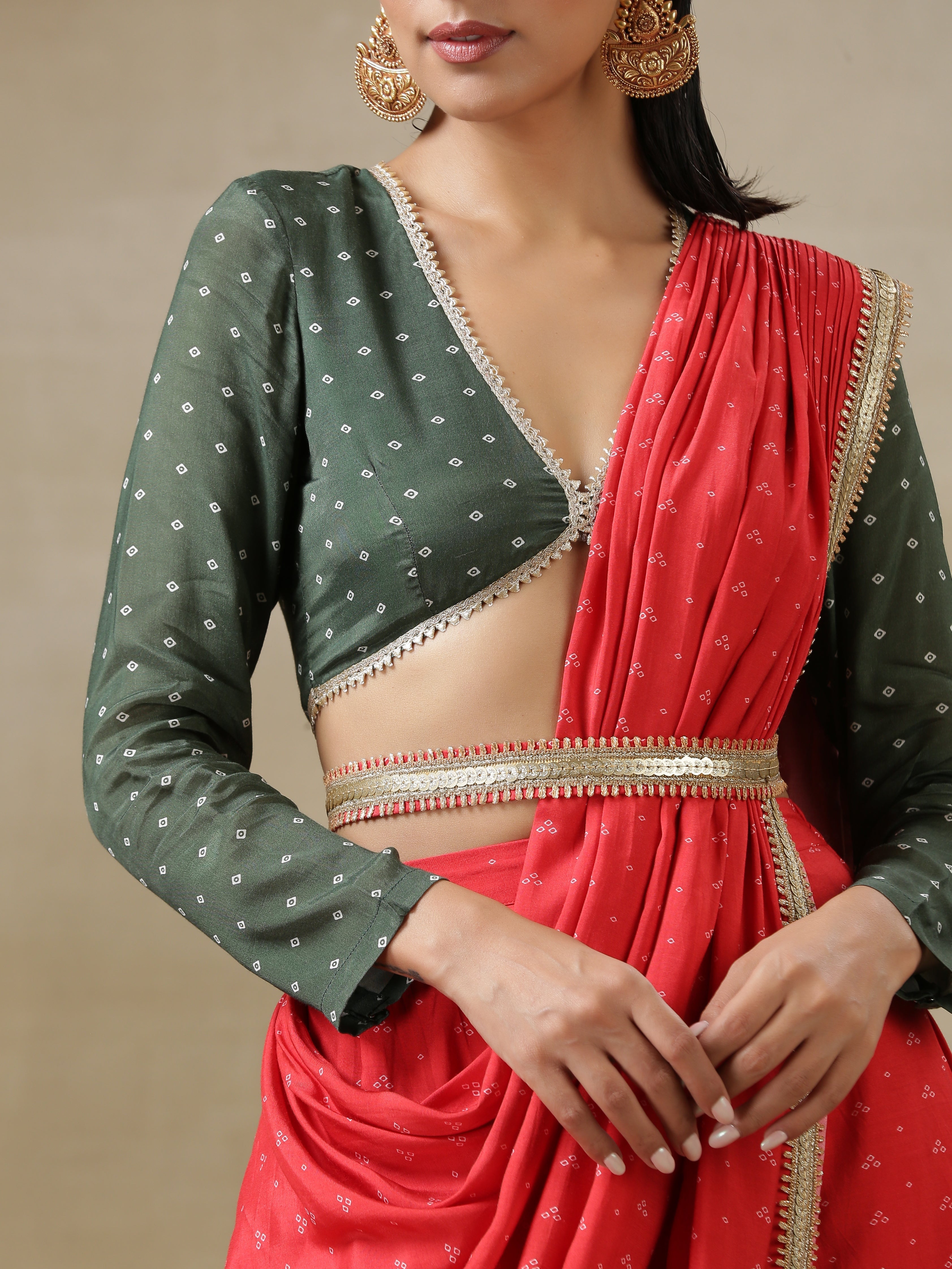 trueBrowns Red Bandhani Printed Silk Skirt Stitched Saree with Belt - Distacart