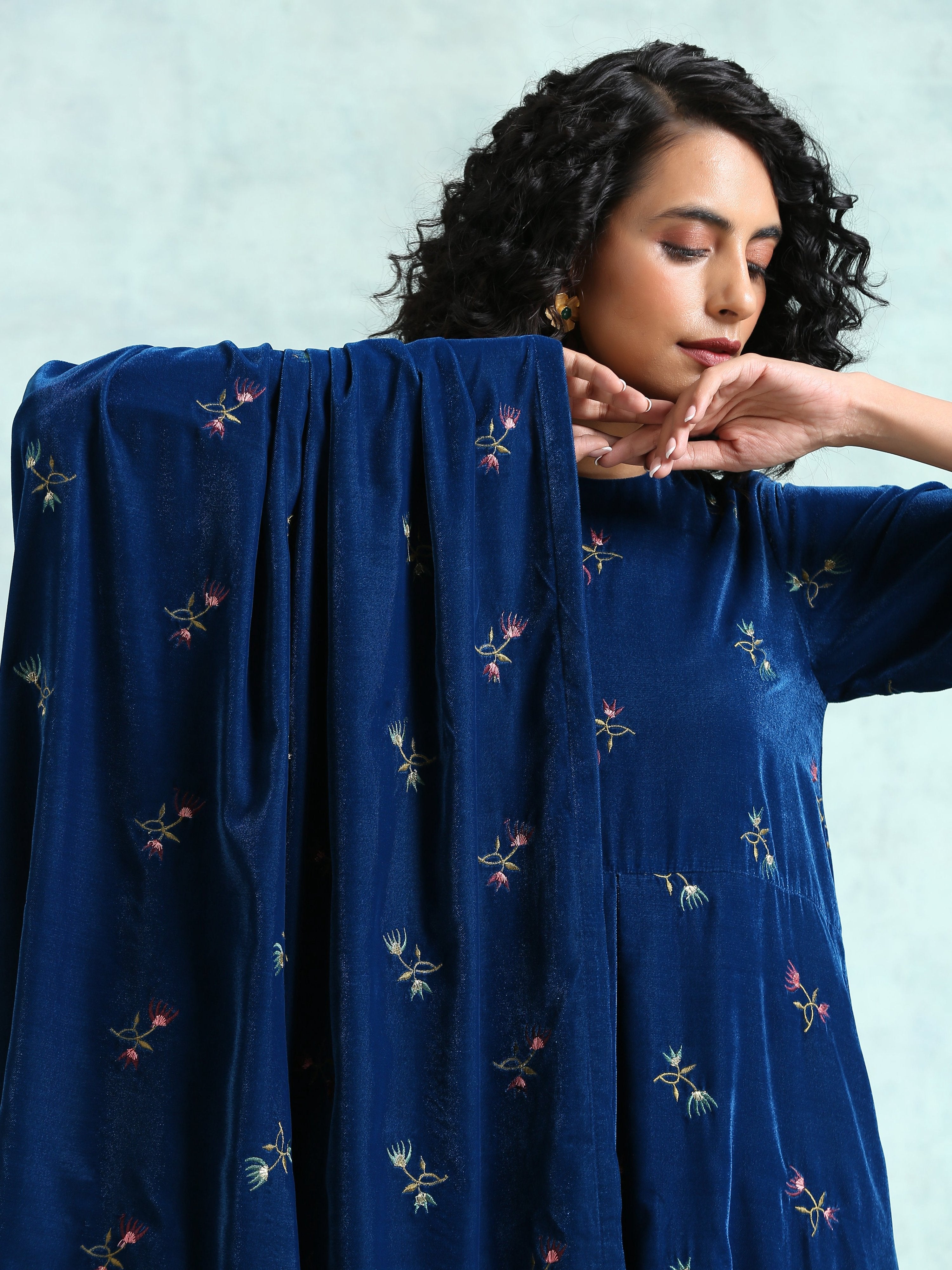 trueBrowns Blue Embroidered Velvet Shawl - Distacart