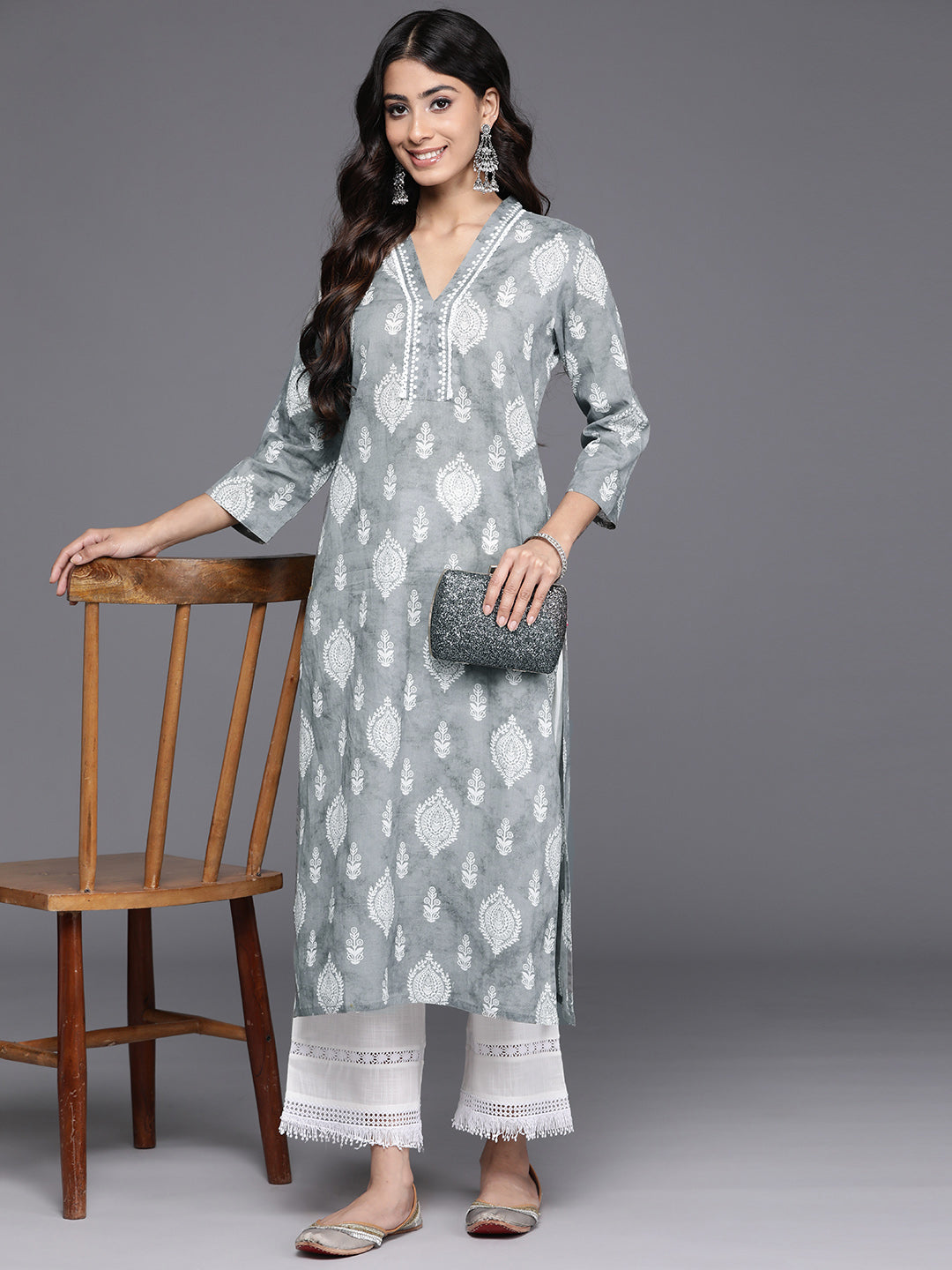 Varanga Women Grey 3/4Th Sleeve, V Neck Collared Kurta - Distacart