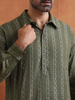 Thumbnail for trueBrowns Men's Olive Green Cotton Dobby Short Kurta