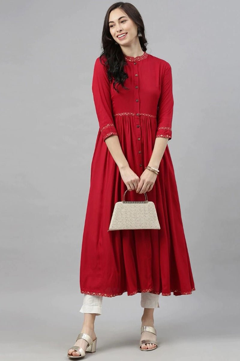 Ahika Red Cotton Flared Kurta
