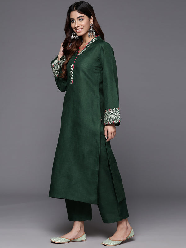 Varanga Women Green Embroidered Long & Flared Sleeves Kurta With Tonal Bottom - Distacart