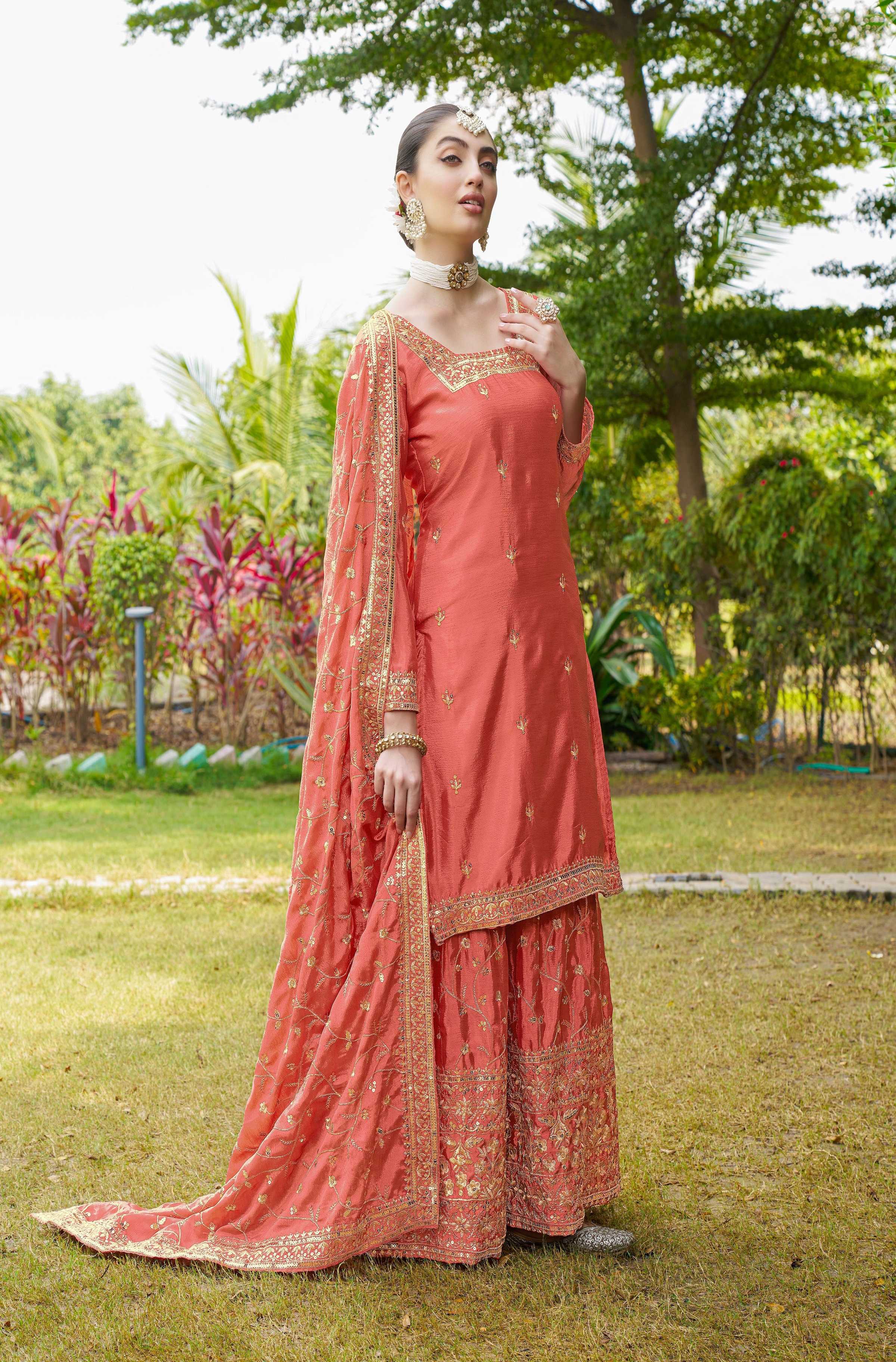 Teeya Creation Orange Color Chinon Silk Heavy Embroidery Work Fully Stitched Salwar Suit - Distacart