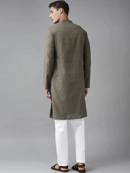 Fabmade Men Khaki Cotton Linen Kurta - Distacart