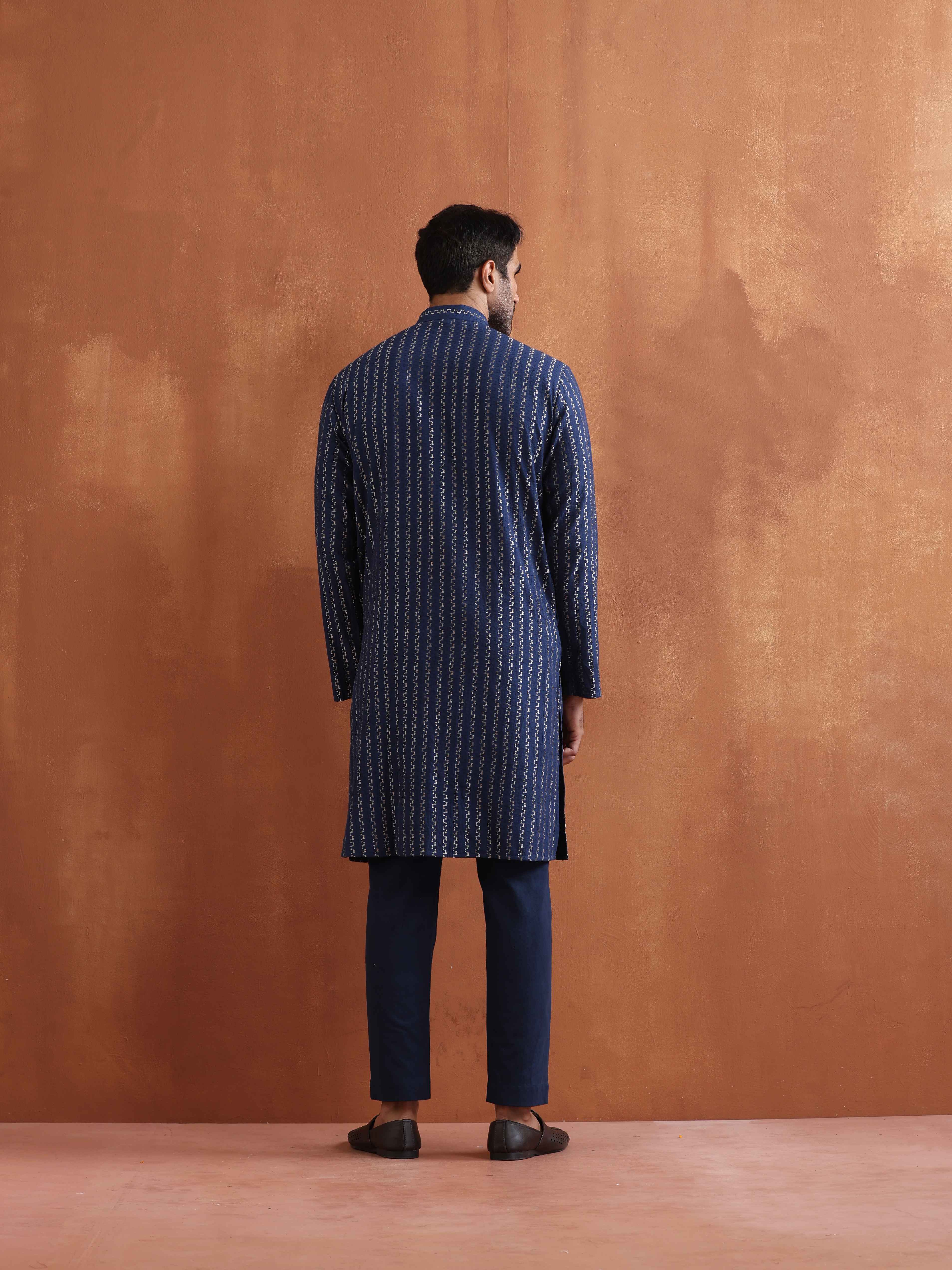 trueBrowns Men's Blue Cotton Dobby Kurta