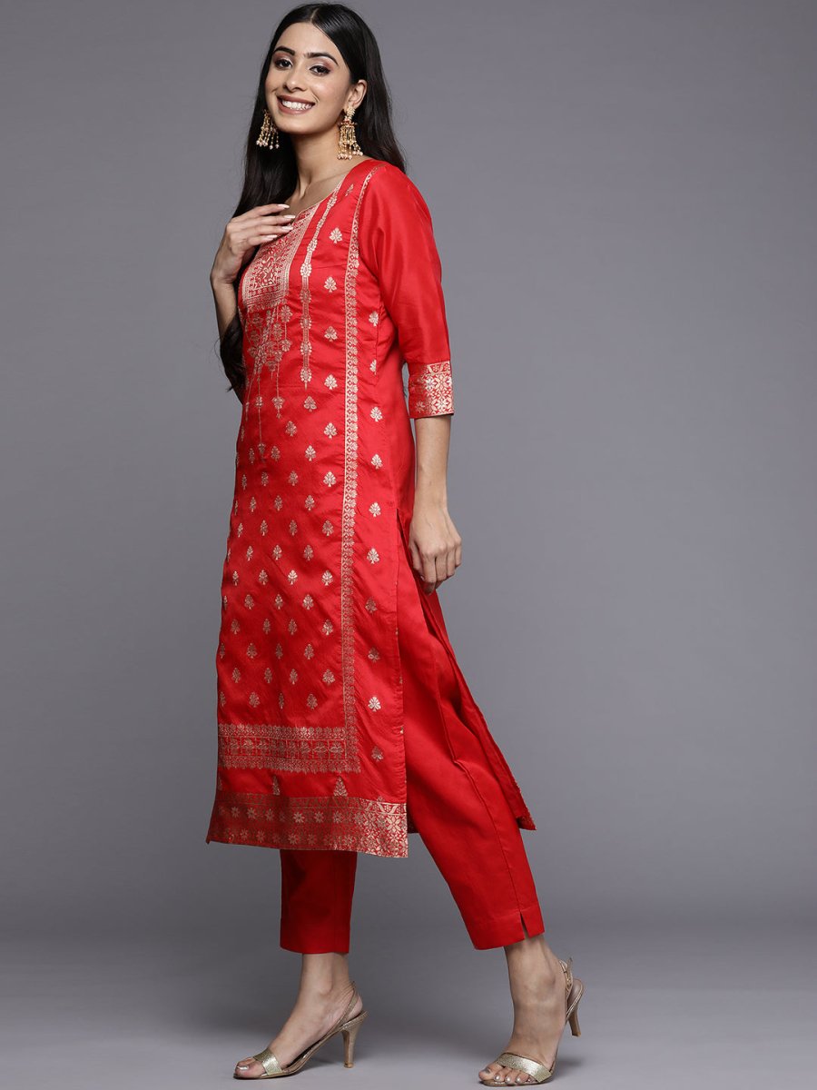Ahalyaa Women Red Ethnic Motifs Kurta with Trousers - Distacart