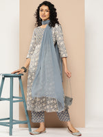 Thumbnail for Varanga Women Grey Floral Printed Anarkali Kurta Paired With Printed Bottom And Solid Chiffon Dupatta - Distacart