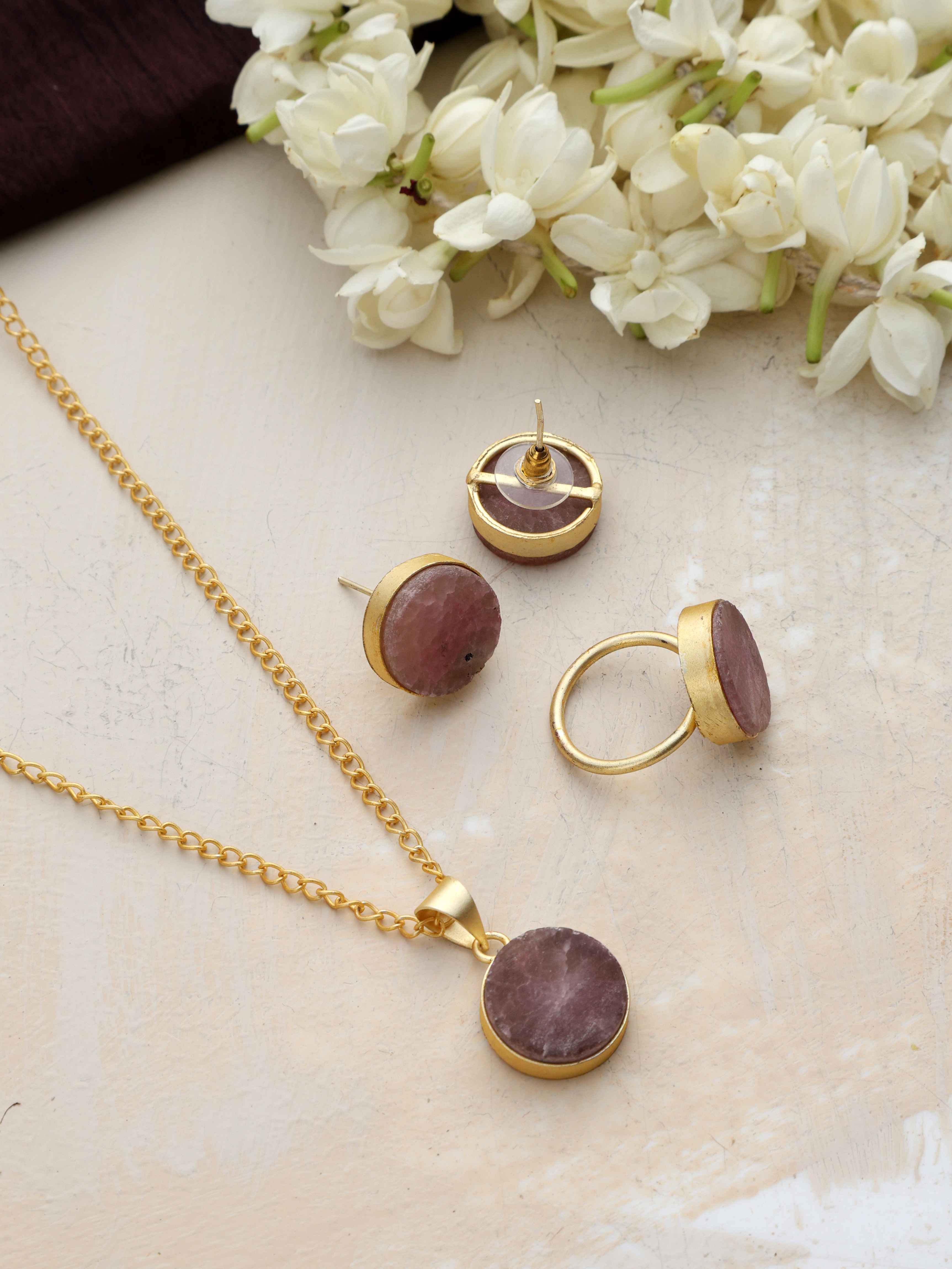 trueBrowns Gold Tone Pink Stone Pendant Set - Distacart