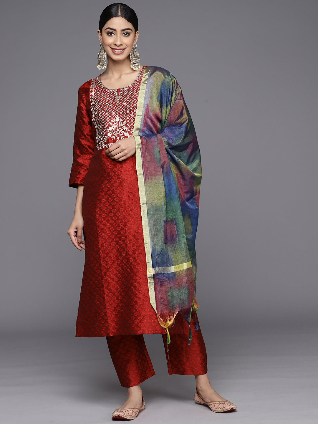 Varanga Women Round Neck Yoke Embroidered Straight Kurta Paired With Tonal Bottom And Printed Dupatta - Distacart