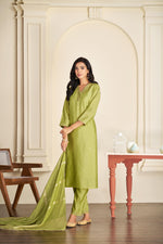 Thumbnail for BulBul Nakshatra Green Silk Kurta Set with Dupatta