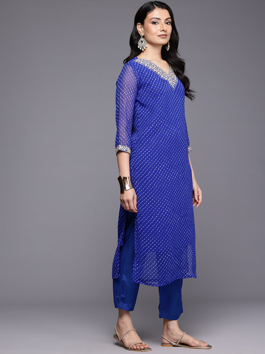Varanga Women Navy Blue Bandhani Zari And Sequins Emboridered Kurta Set With Dupatta - Distacart