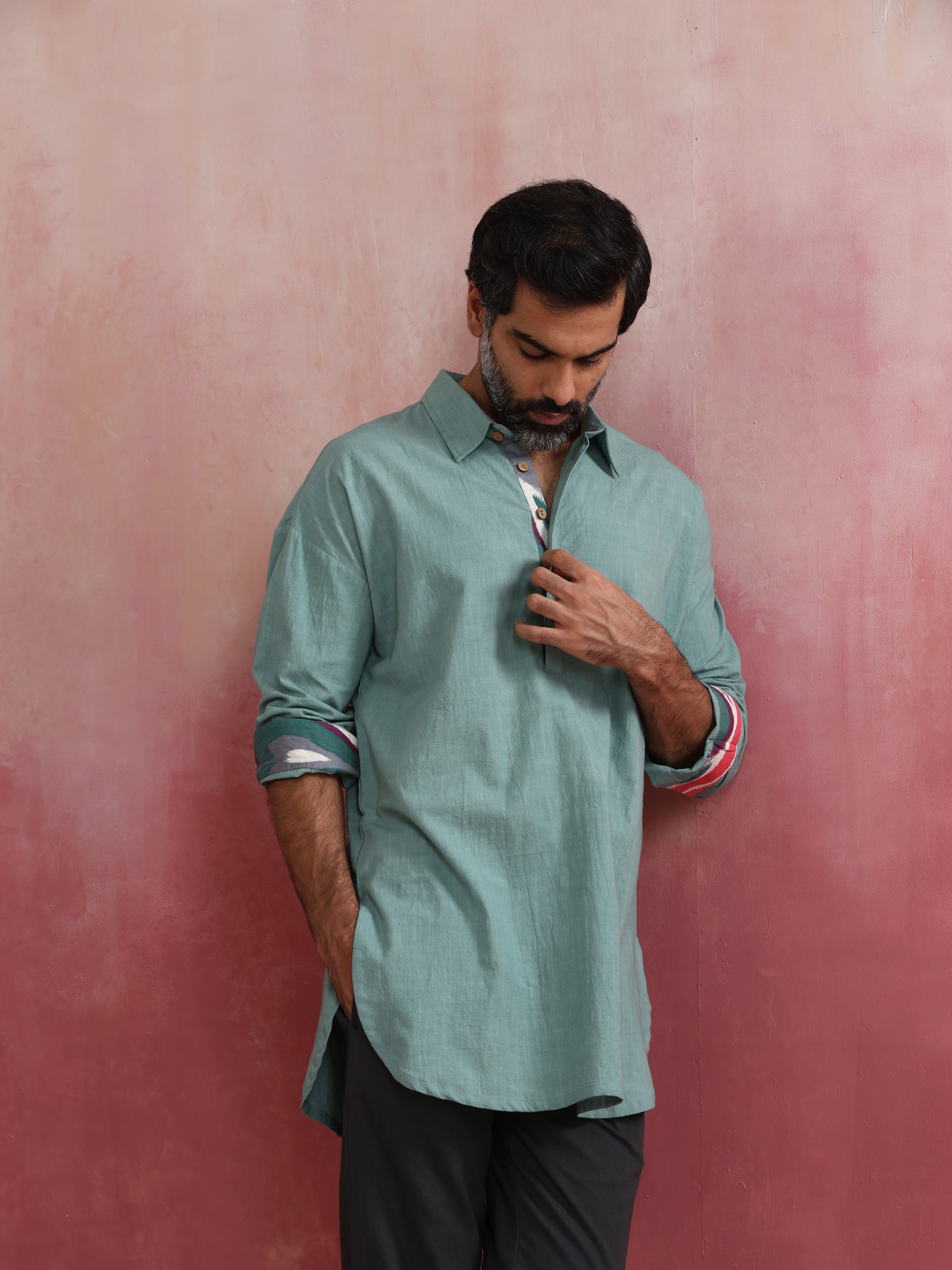 trueBrowns Men's Aqua Blue Cotton Shirt Collar Stylized Kurta - Distacart