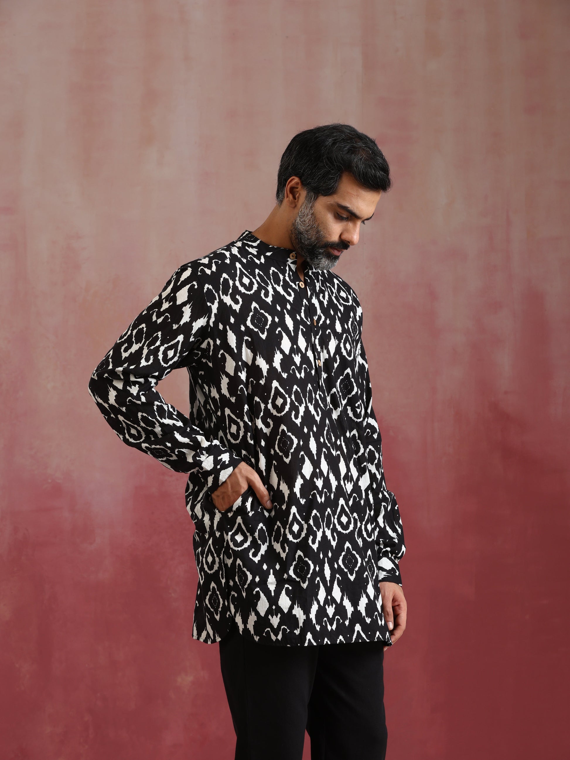 trueBrowns Men's Black Ikat Print Mandarin Collar Kurta Co-ord set - Distacart