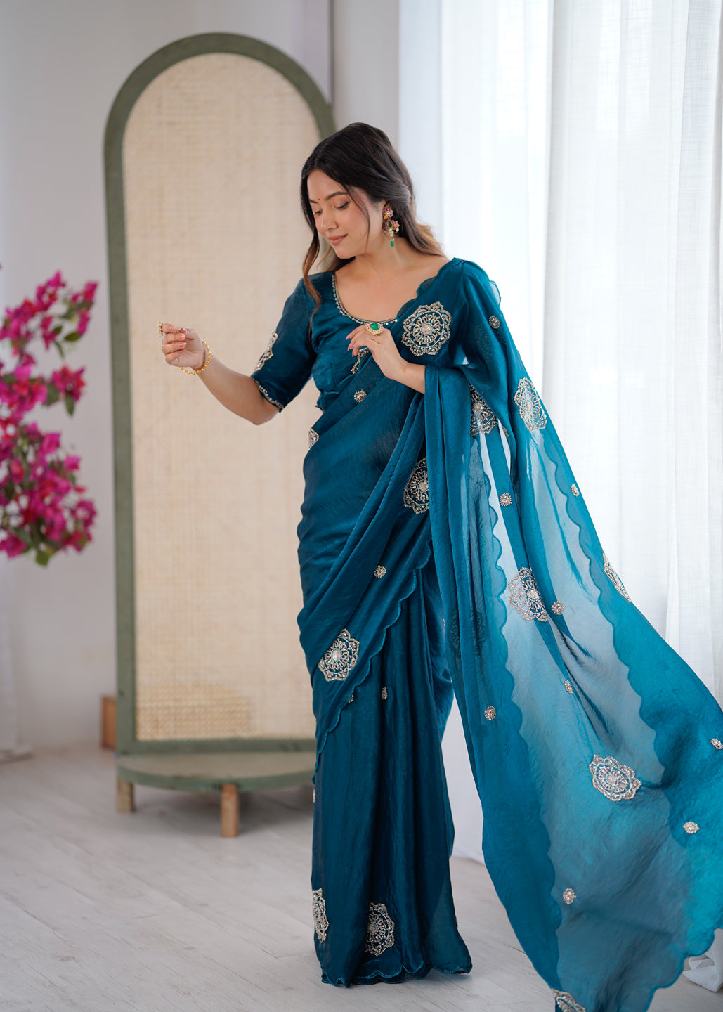 Evanik Designer Heavy Fendy Satin With Beads Embroidered Work Saree With Unstitched Blouse