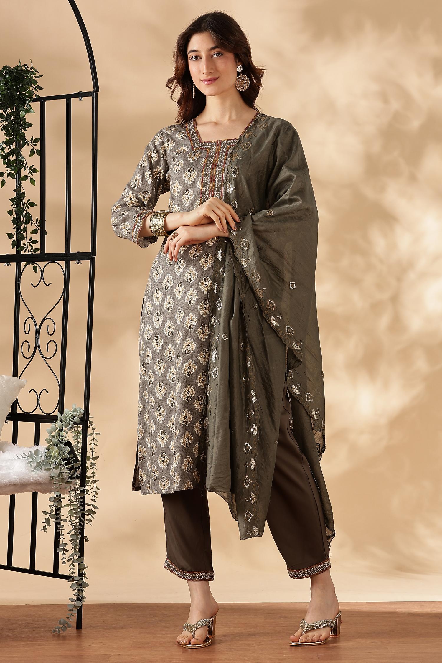 BulBul Shamaira Printed Grey Rayon Salwar Suit