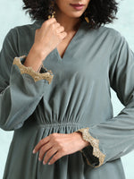 Thumbnail for trueBrowns Grey Velvet Lace Kurta Pant Set - Distacart