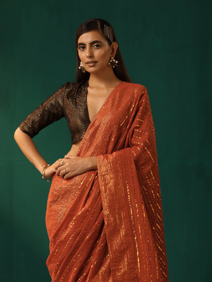trueBrowns Rust Cotton Gold Lurex Striped Ready to Wear Saree - Distacart