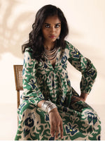 Thumbnail for trueBrowns Green Cotton Ikat Flared Dress - Distacart