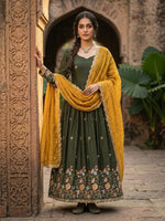 Thumbnail for Anaita Mehendi Silk Readymade Anarkali Suit with Thread Embroidery & Sequence Work - Dista