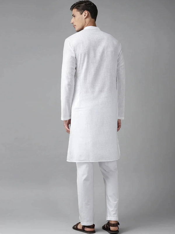 Fabmade Men White Cotton Linen Kurta Pyjama