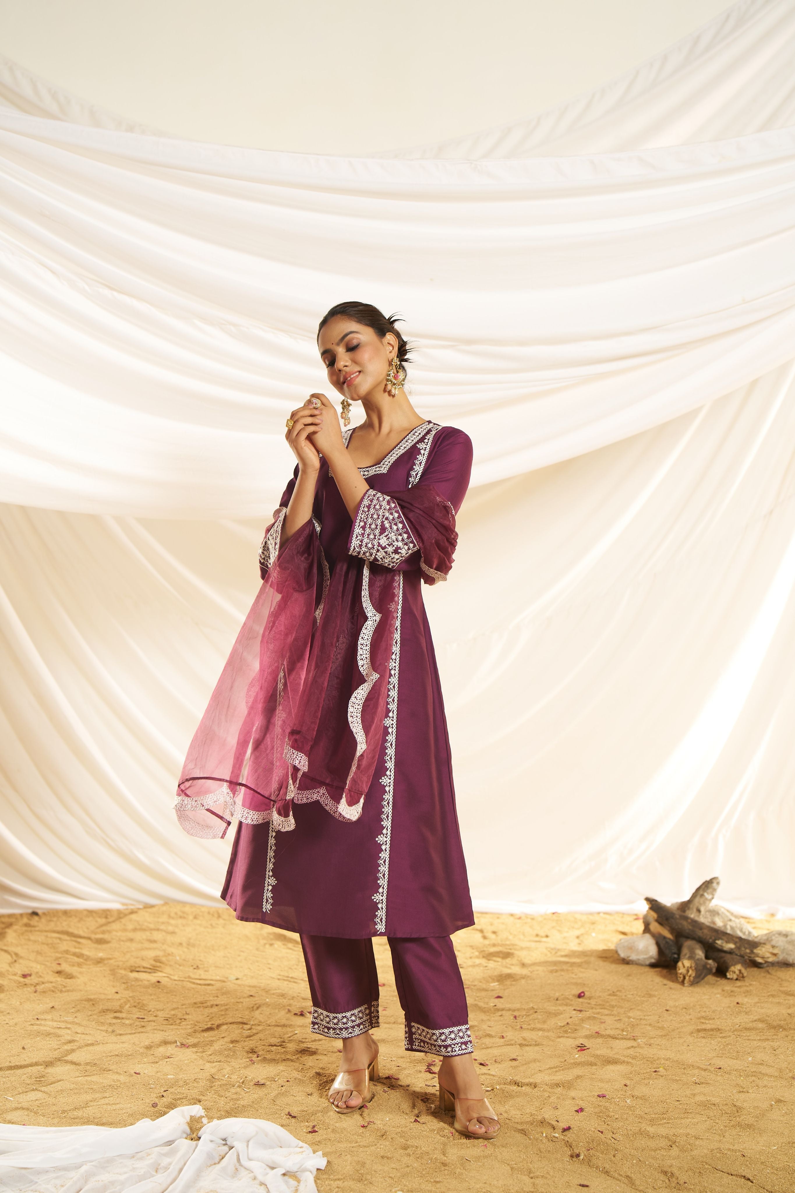 BulBul Women Wine Embroidered Premium Silk Straight Suit With Dupatta