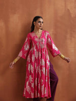 Thumbnail for trueBrowns Pink Metallic Flared Anarkali Kurta Set