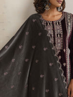 Thumbnail for trueBrowns Purple Velvet Embroidered Kurta Pant Dupatta Set