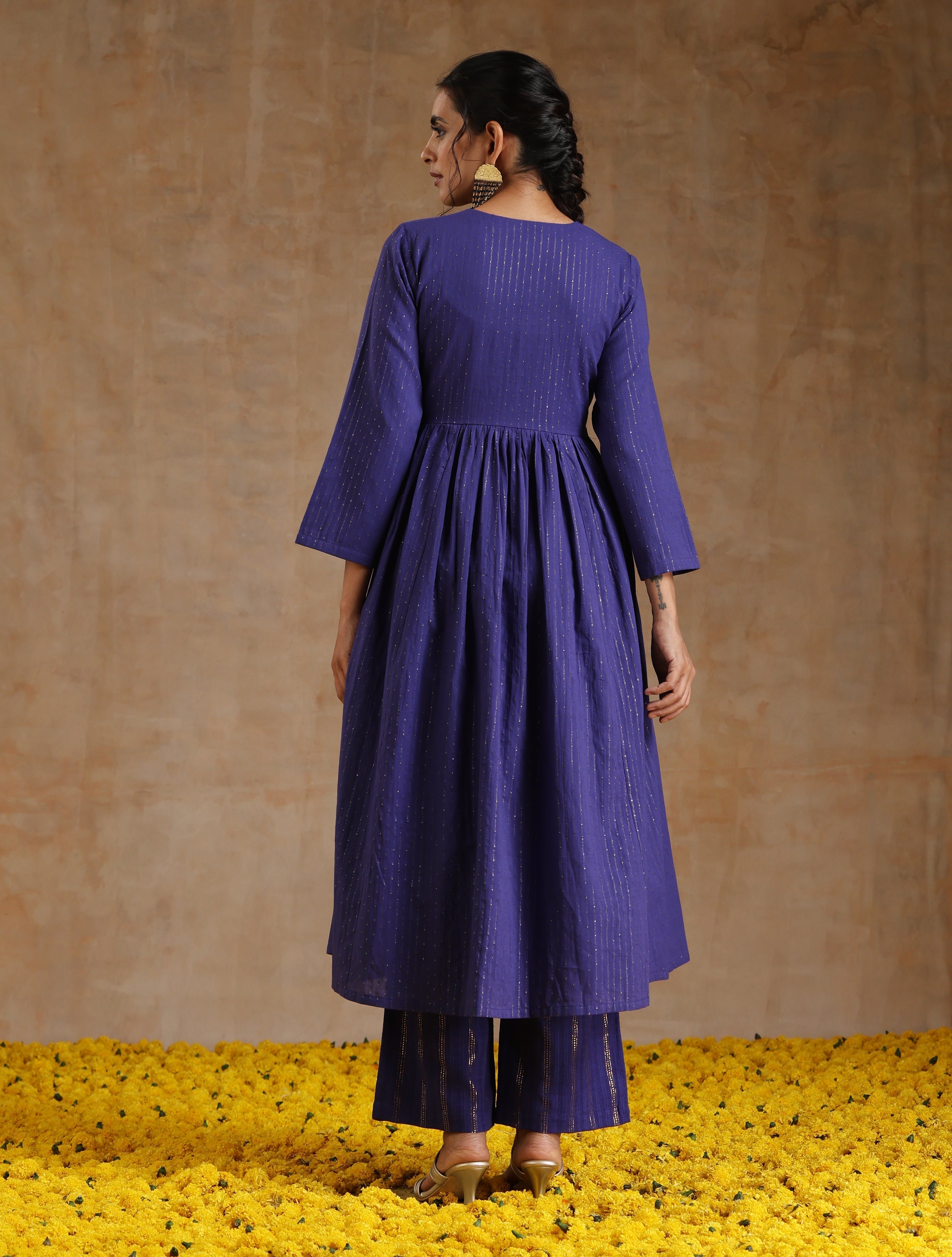 trueBrowns Spectrum Blue Gold Cotton Kalidar Kurta Set - Distacart