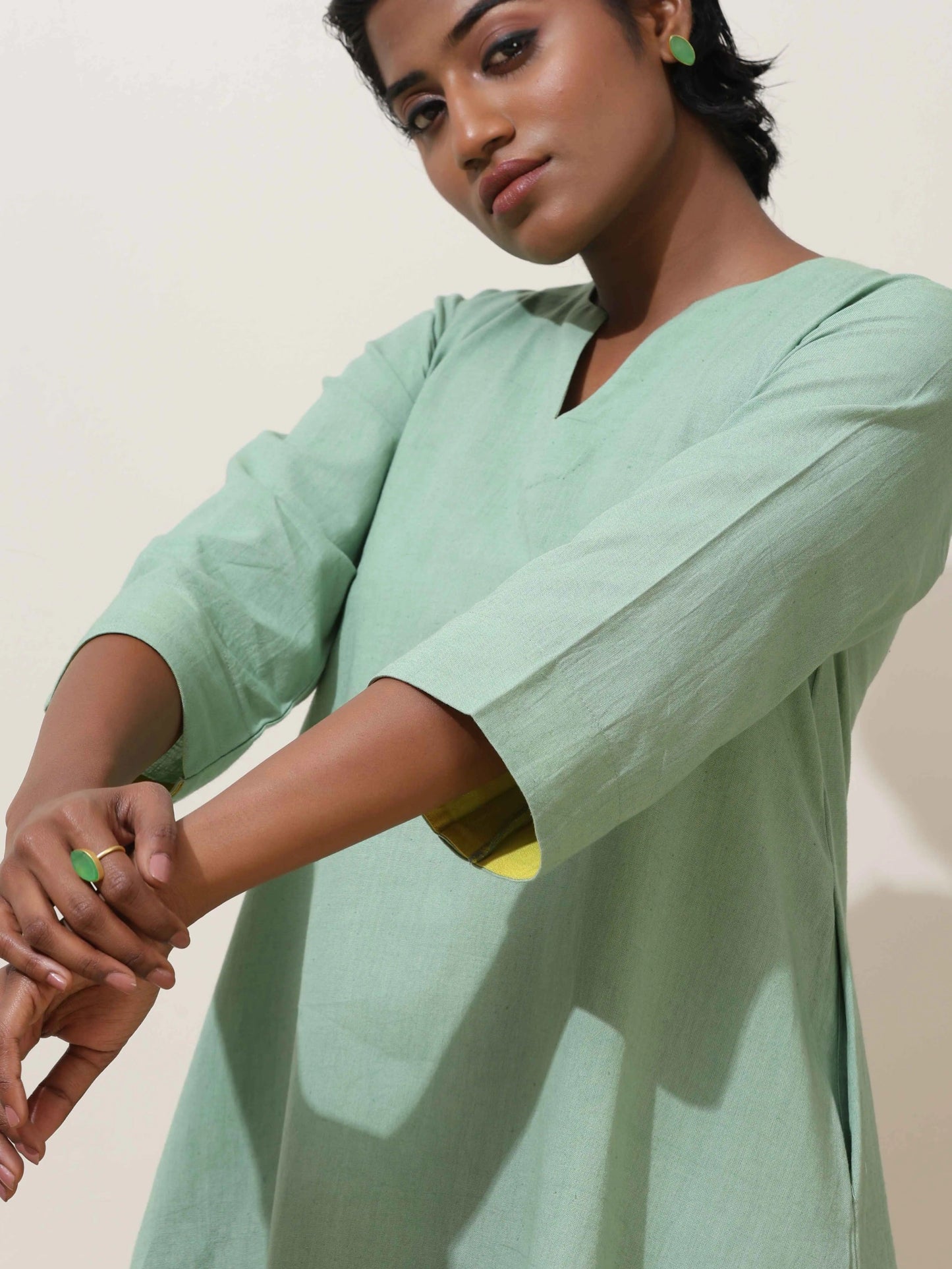 trueBrowns Mint Green Cotton Linen Kurta Co-Ord Set - Distacart
