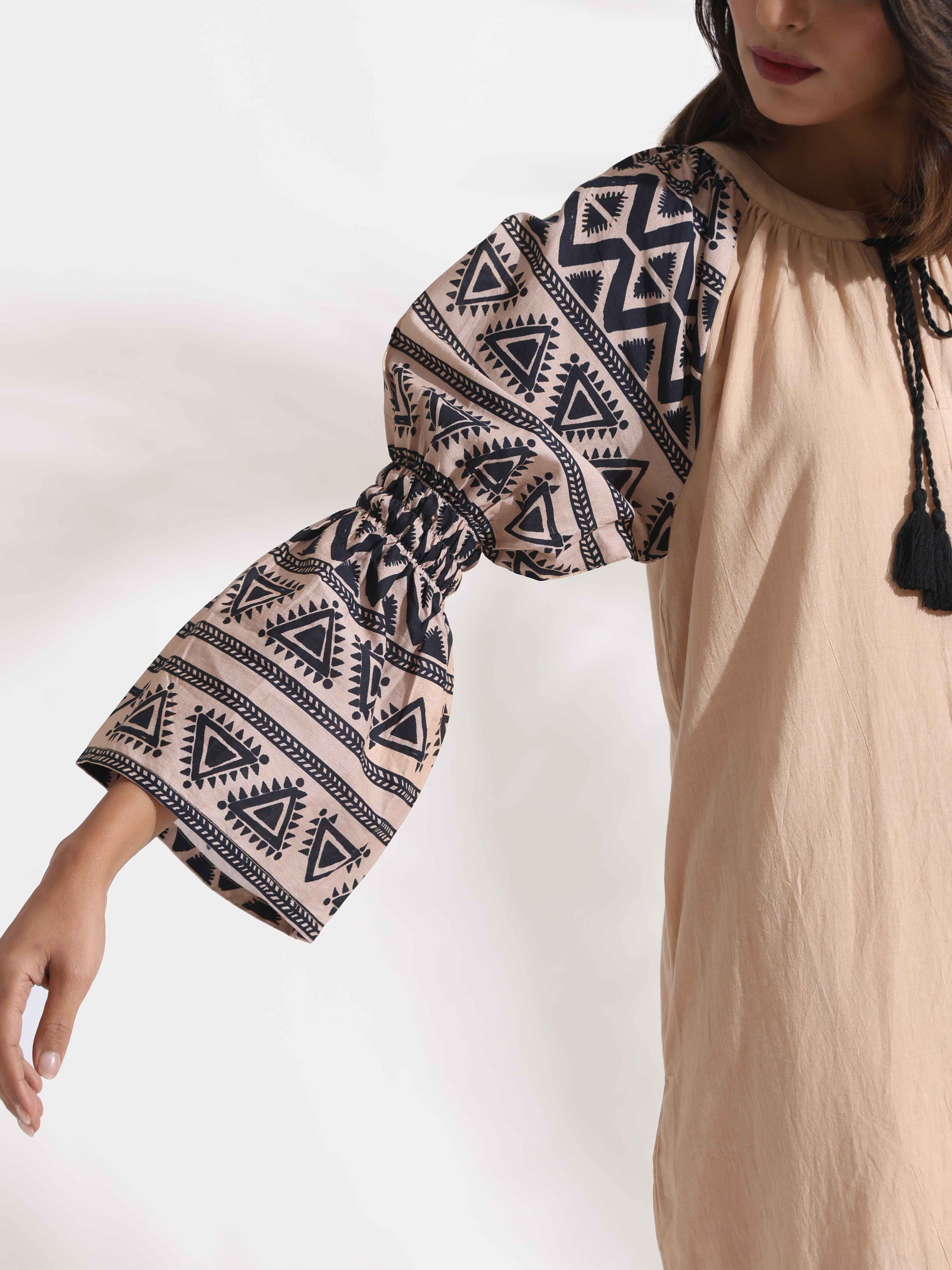 trueBrowns Beige Cotton Print Long Dress