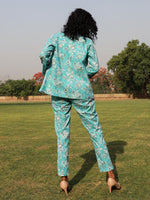 Thumbnail for trueBrowns Turquoise Cotton Block Print Pant Suit Set - Distacart