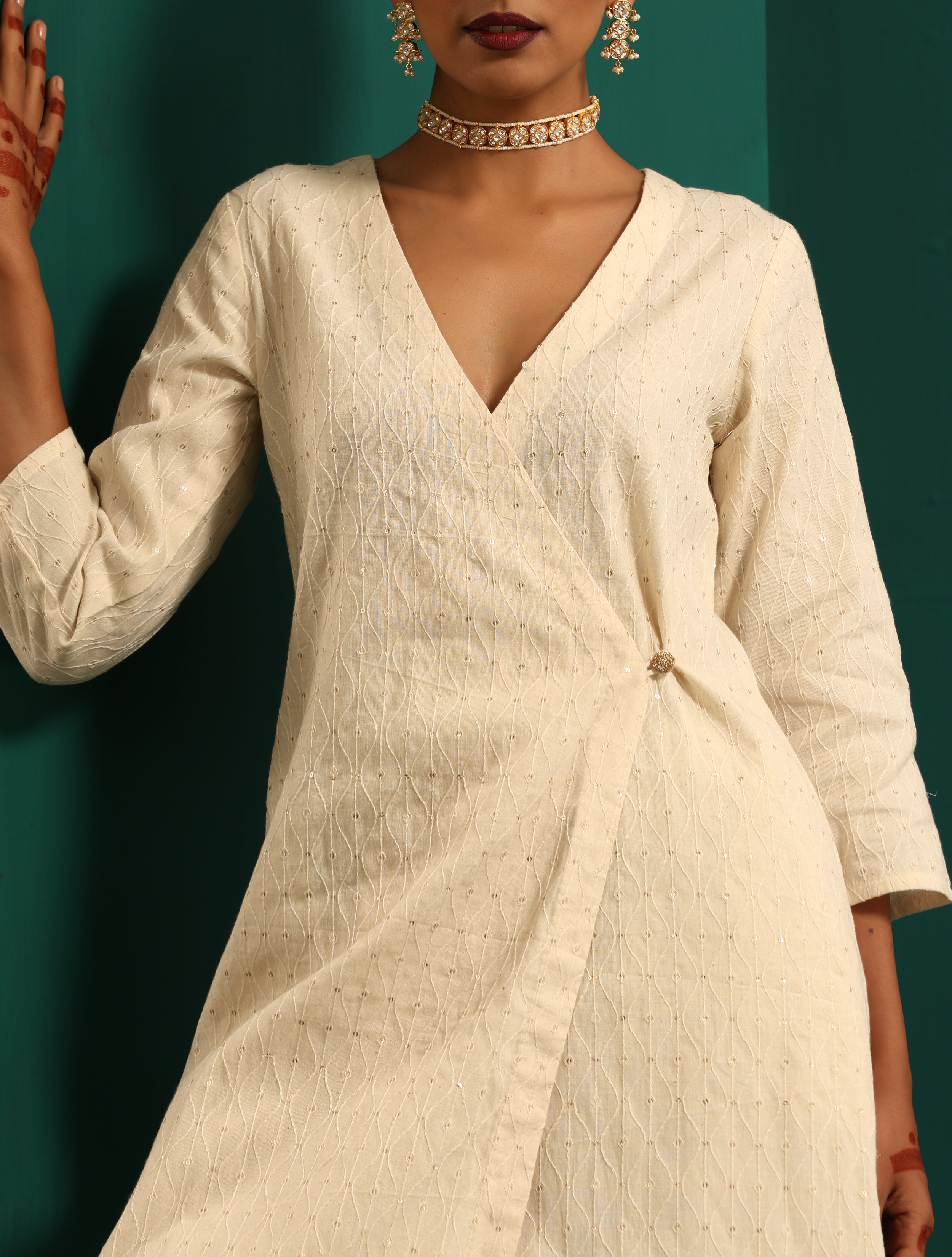trueBrowns Ivory Tonal Cotton Angrakha Kurta Pant Set - Distacart