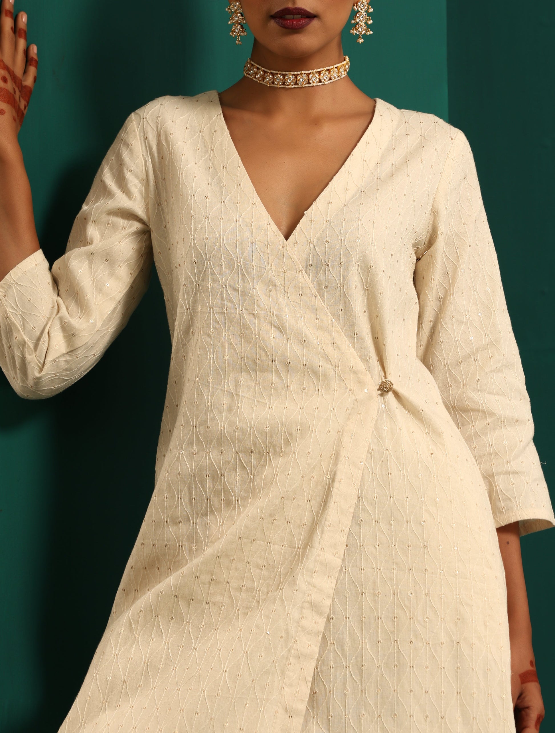 trueBrowns Ivory Tonal Cotton Angrakha Kurta Pant Set - Distacart