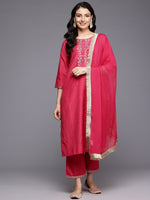 Thumbnail for Varanga Women Fuchsia Thread And Zari Embroidered Sequins Embellished Kurta Set With Dupatta - Distacart
