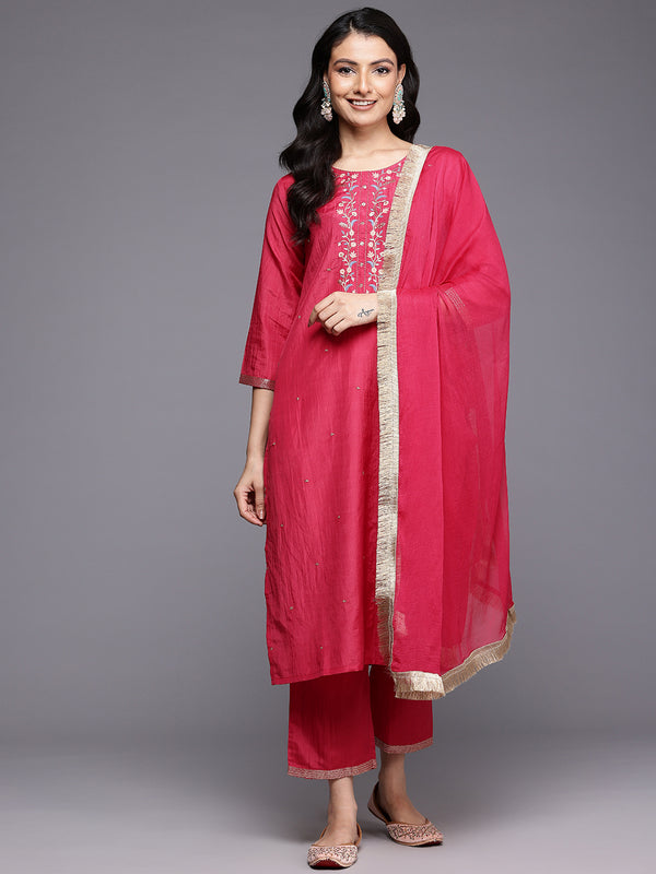Varanga Women Fuchsia Thread And Zari Embroidered Sequins Embellished Kurta Set With Dupatta - Distacart