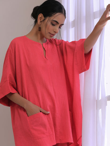trueBrowns Bright Pink Dobby Boxy Fit High Low Co-Ord Set - Distacart