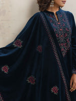 Thumbnail for trueBrowns Blue Velvet Floral Embroidered Kurta Pant Dupatta Set