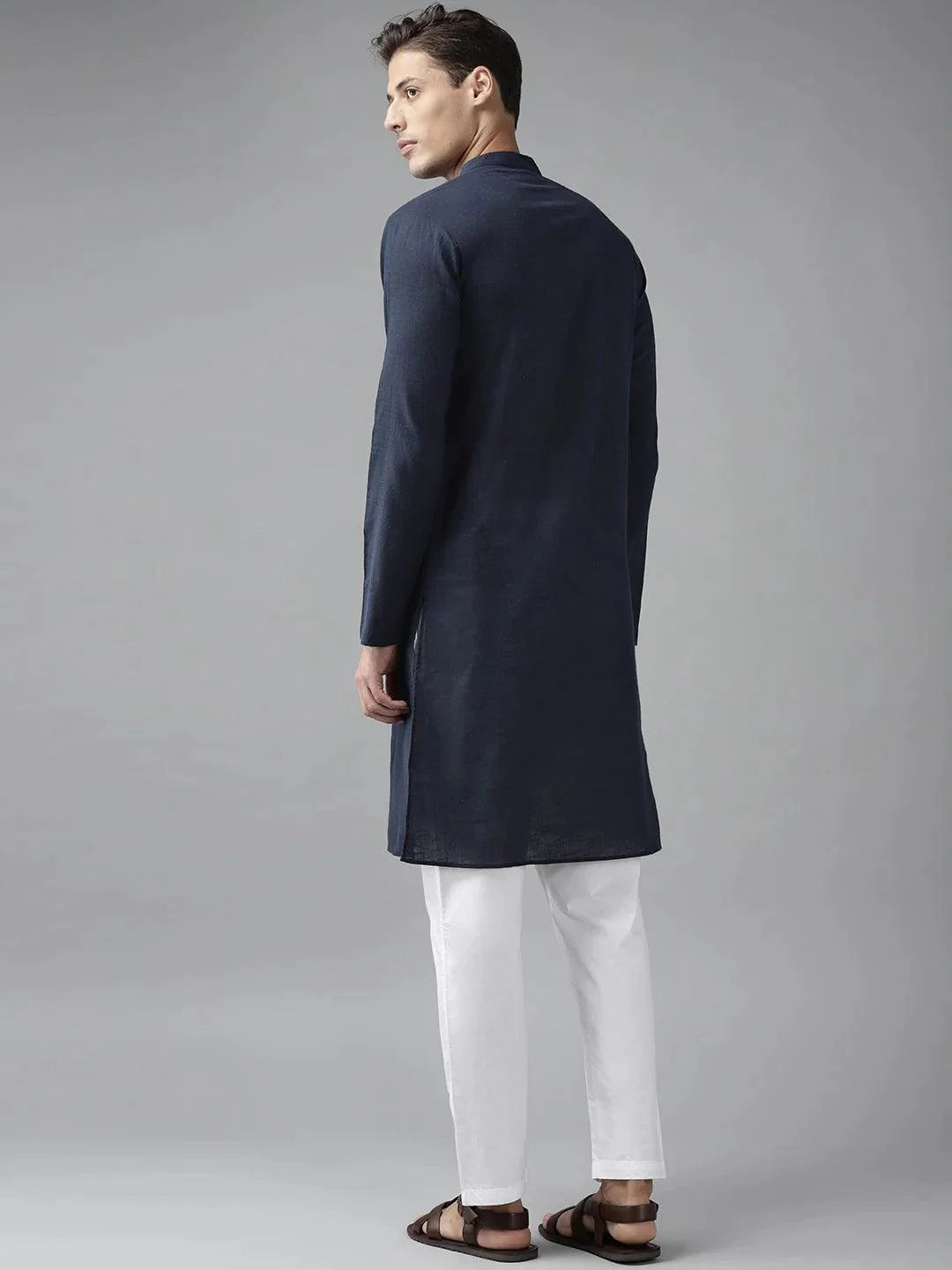 Fabmade Men Navy Blue Cotton Linen Kurta
