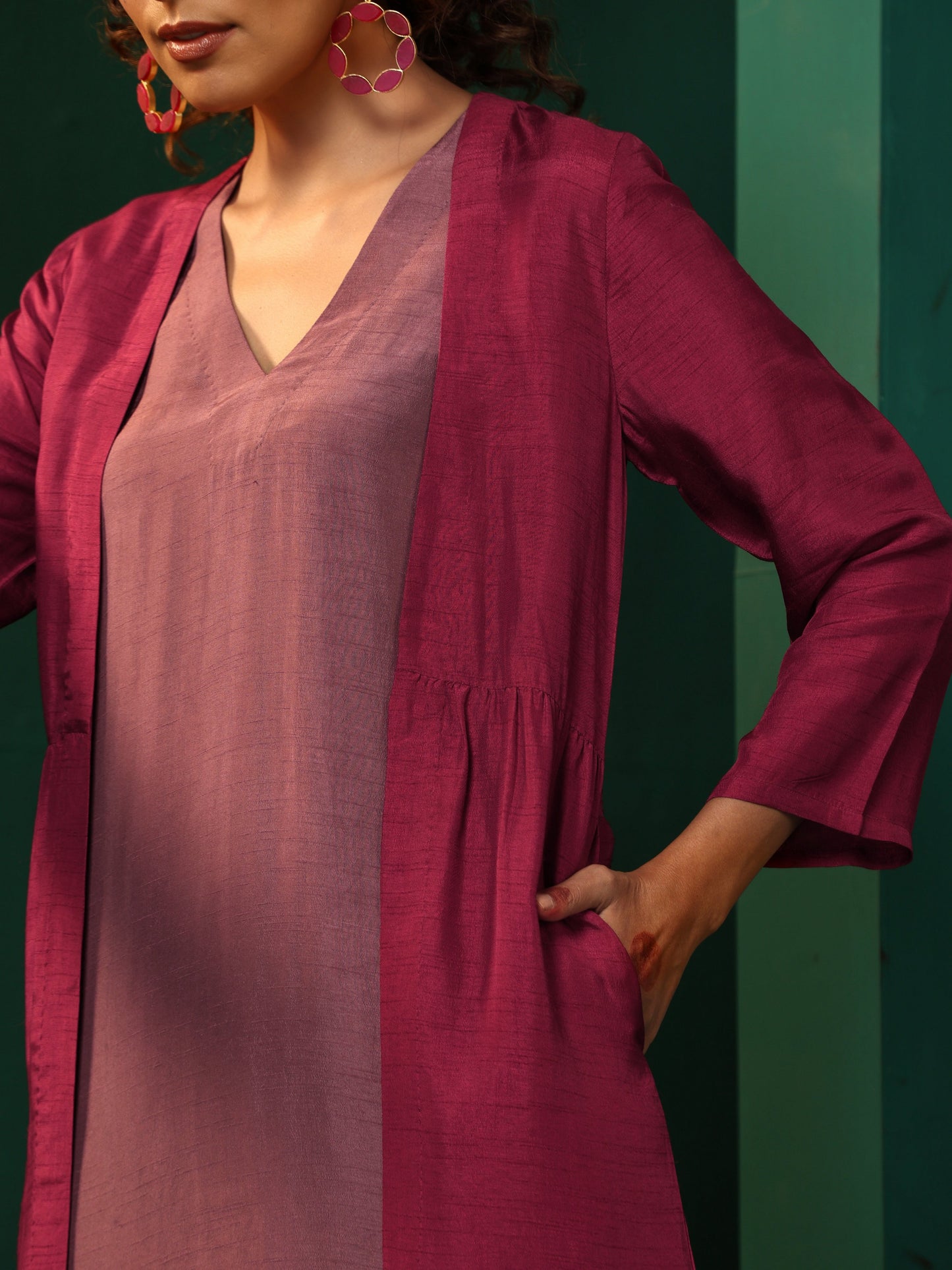 trueBrowns Maroon Light Mauve Silk Jacket Kurta Set - Distacart