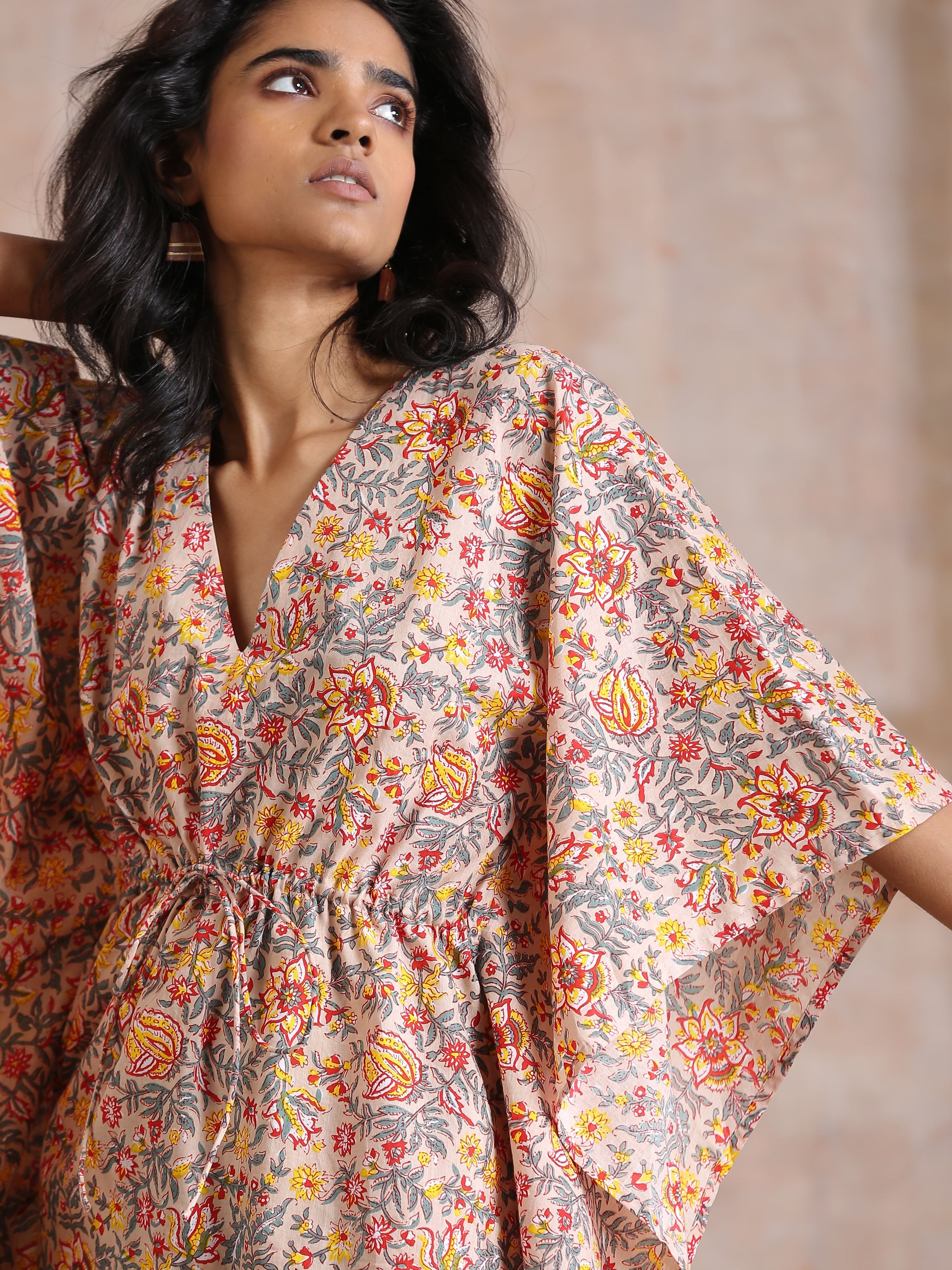 trueBrowns Multicolor Beige Overall Floral Block Print Cotton Kaftan Co-Ord Set - Distacart