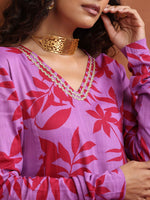 Thumbnail for trueBrowns Purple Print A-line Kurta Set - Distacart