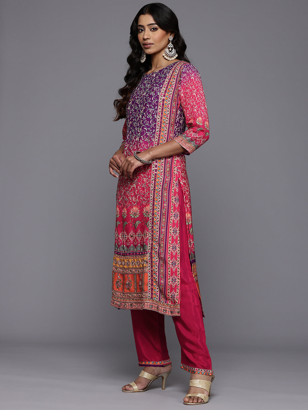 Varanga Women Purple And Pink Thread And Gotta Work Straight Kurta With Trousers And Dupatta - Distacart