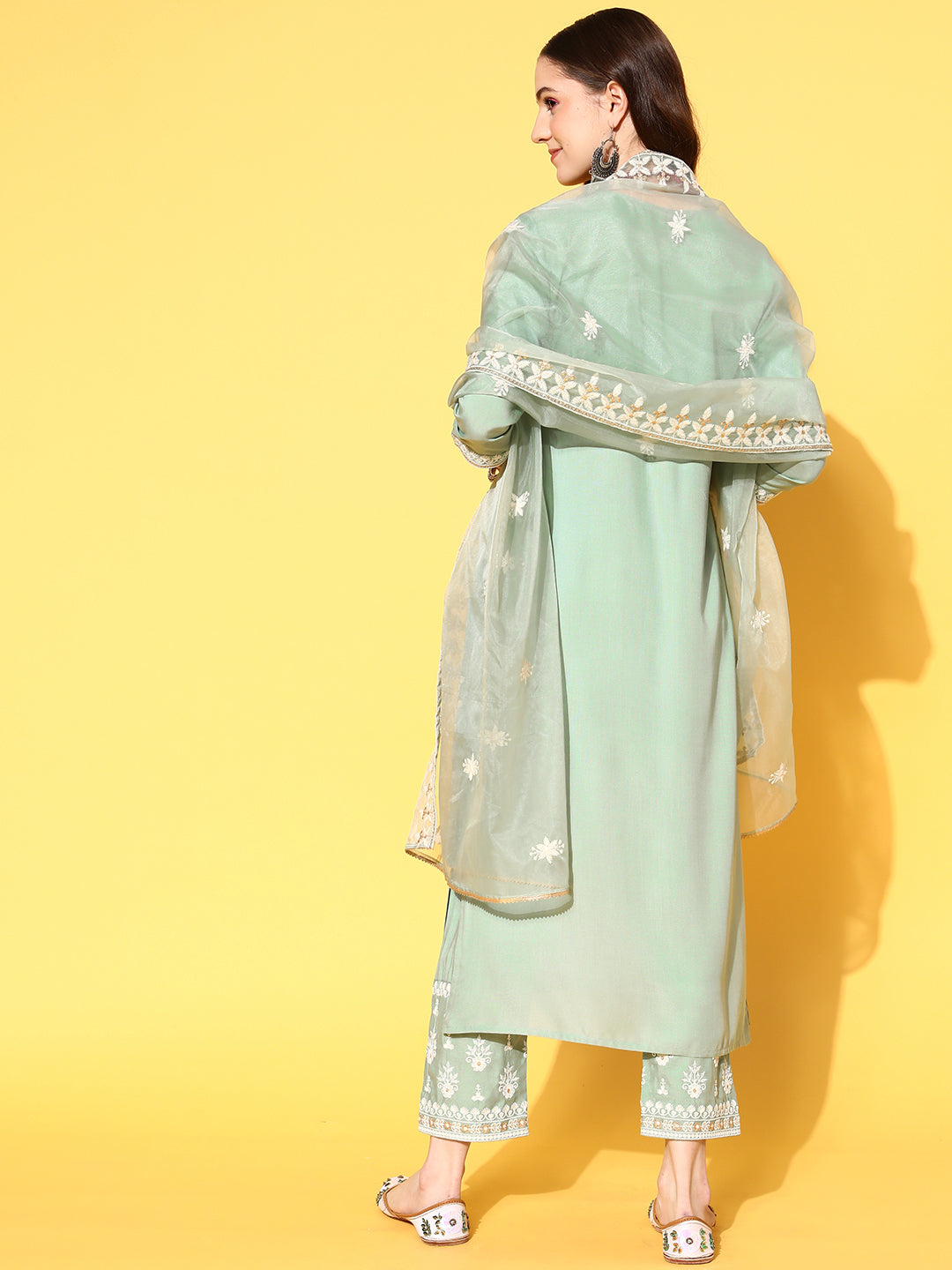 Varanga Women Sea Green Embroidered Kurta Paired With Tonal Trouser And Dupatta - Distacart