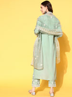Thumbnail for Varanga Women Sea Green Embroidered Kurta Paired With Tonal Trouser And Dupatta - Distacart