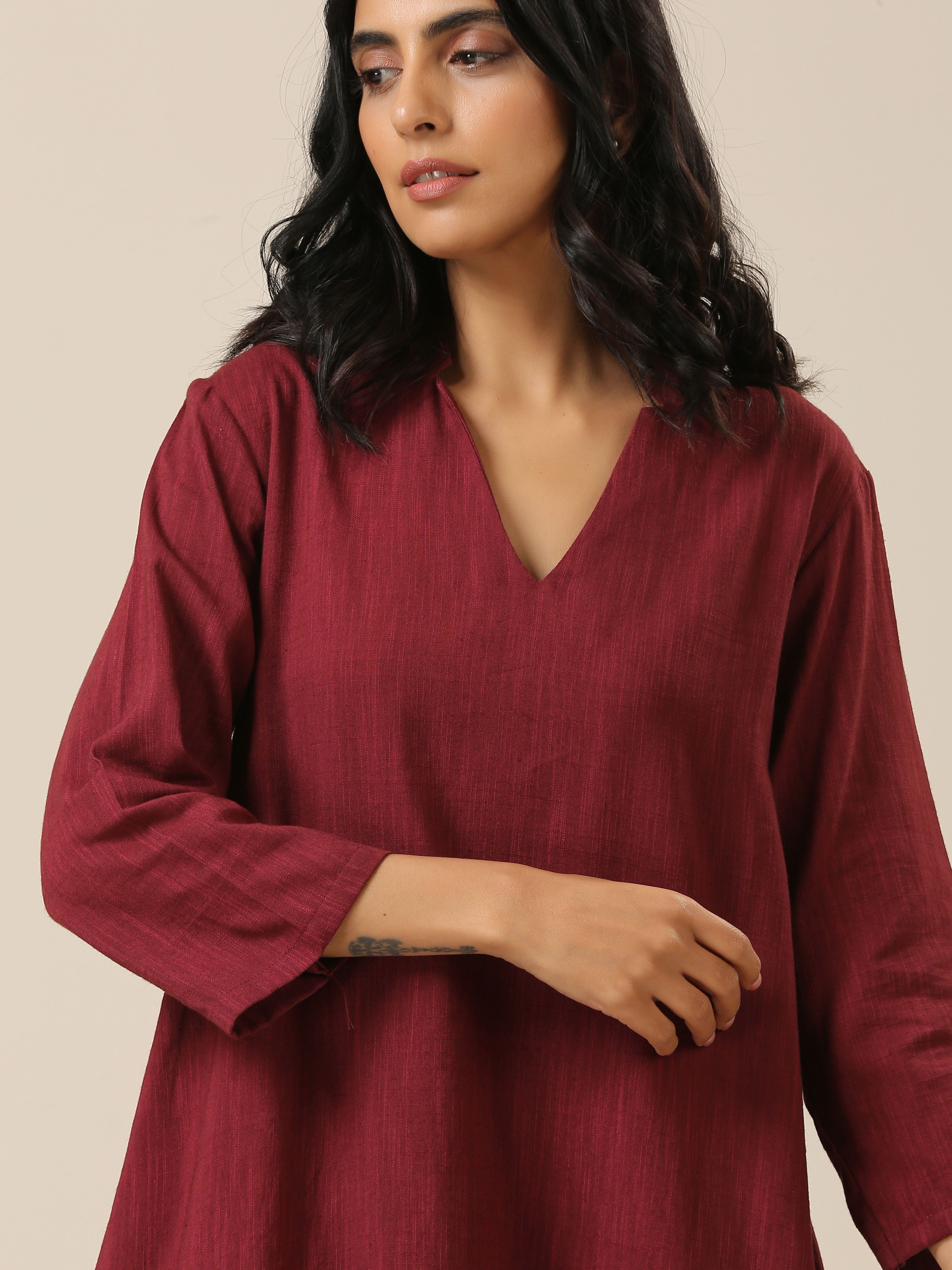 trueBrowns Ruby Wine Slub Textured Collar Co-Ord Set - Distacart