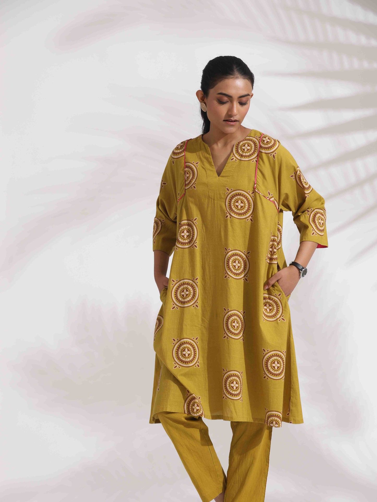 trueBrowns Green Cotton Print Kimono Sleeves Kurta Co-ord Set - Distacart