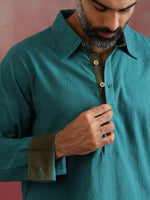 Thumbnail for trueBrowns Men's Teal Cotton Shirt Collar Stylized Kurta Co-ord set