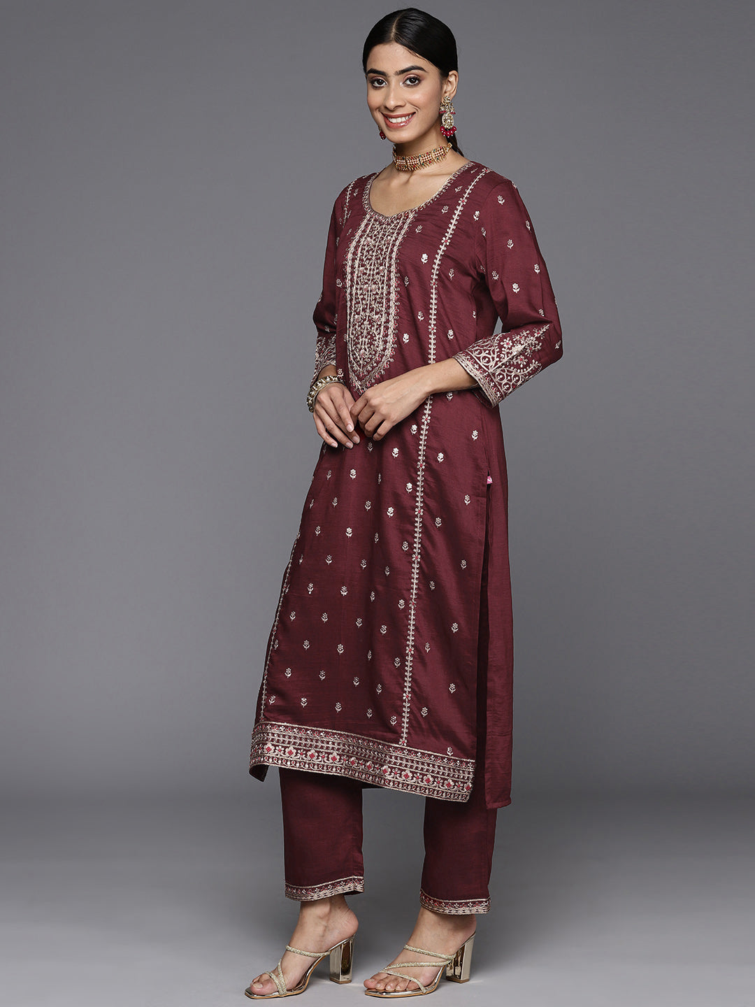 Varanga Women Maroon Embroidered Kurta Paired With Tonal Bottom And Dupatta - Distacart